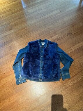 L'AGENCE Blue Denim Jacket with Plush Blue Faux Fur Front
